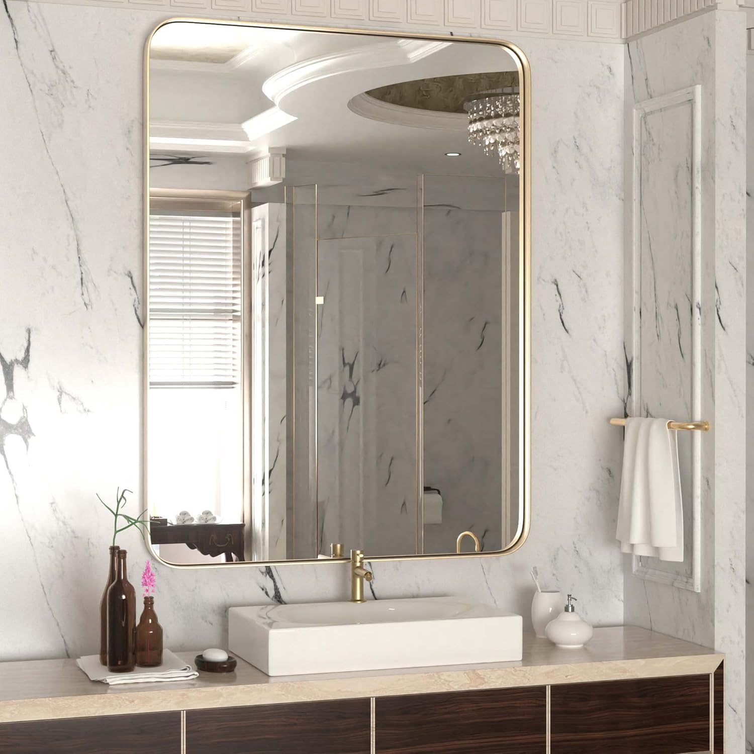 Mirrors - Gold Bathroom Mirror, 16x24 Inch Stainless Steel Frame Vanity Mirror, Rounded Corner Rectangle Modern Mirror, Vertical Or Horizontal Hanging Mirrors for Wall Decor, Bedroom, Living Room