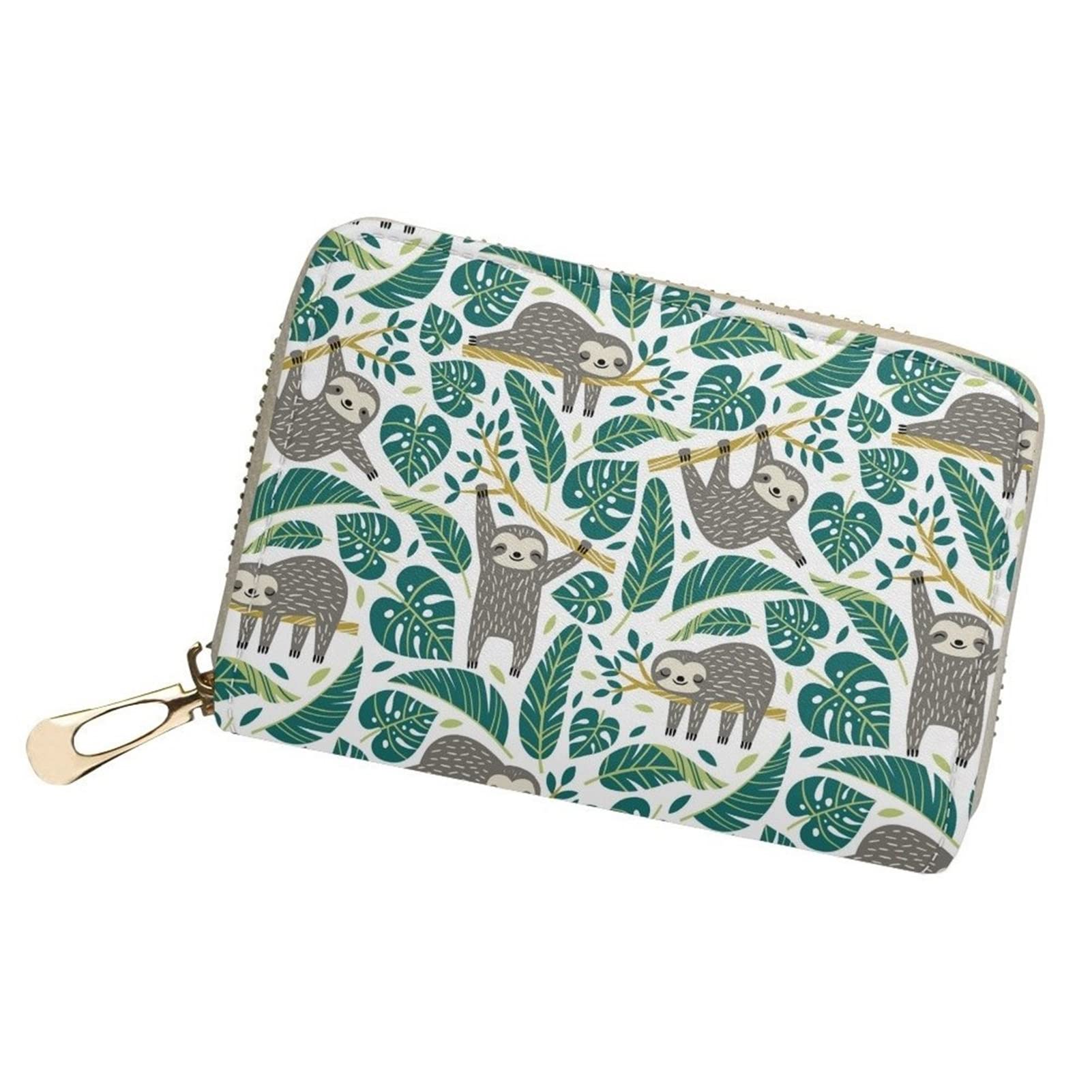 Poceacles Sloth Monstera Print Women Cards Organzier Purse with Zip Around, PU Leather Credit Card Holder Case Wallet with Money Clip