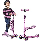 Pink and Purple 3 Wheel Scooter with Seat for Kids, Light-Up Wheels, Adjustable Lean to Steer Handlebar and Seat, Smooth Wheels, Wide No-Slip Deck, Rear Foot Brake, Toddler Outdoor Toys for Ages 2+