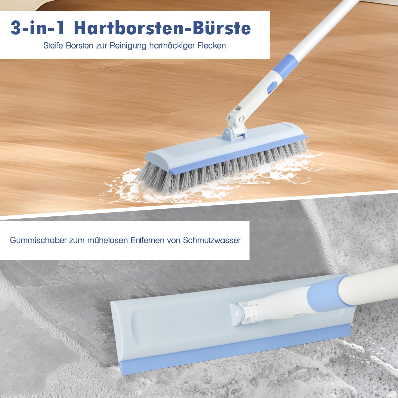 XXFLOWER Schrubber mit Stiel Terrasse,3 in 1 Bodenschrubber und V-Förmige Fugenbürste mit Langem Stiel Scheuerbürste Bürste mit Steifen Borsten,Balkon Terrassenfliesen Reiniger,Bodenbürste Besen Blau 7