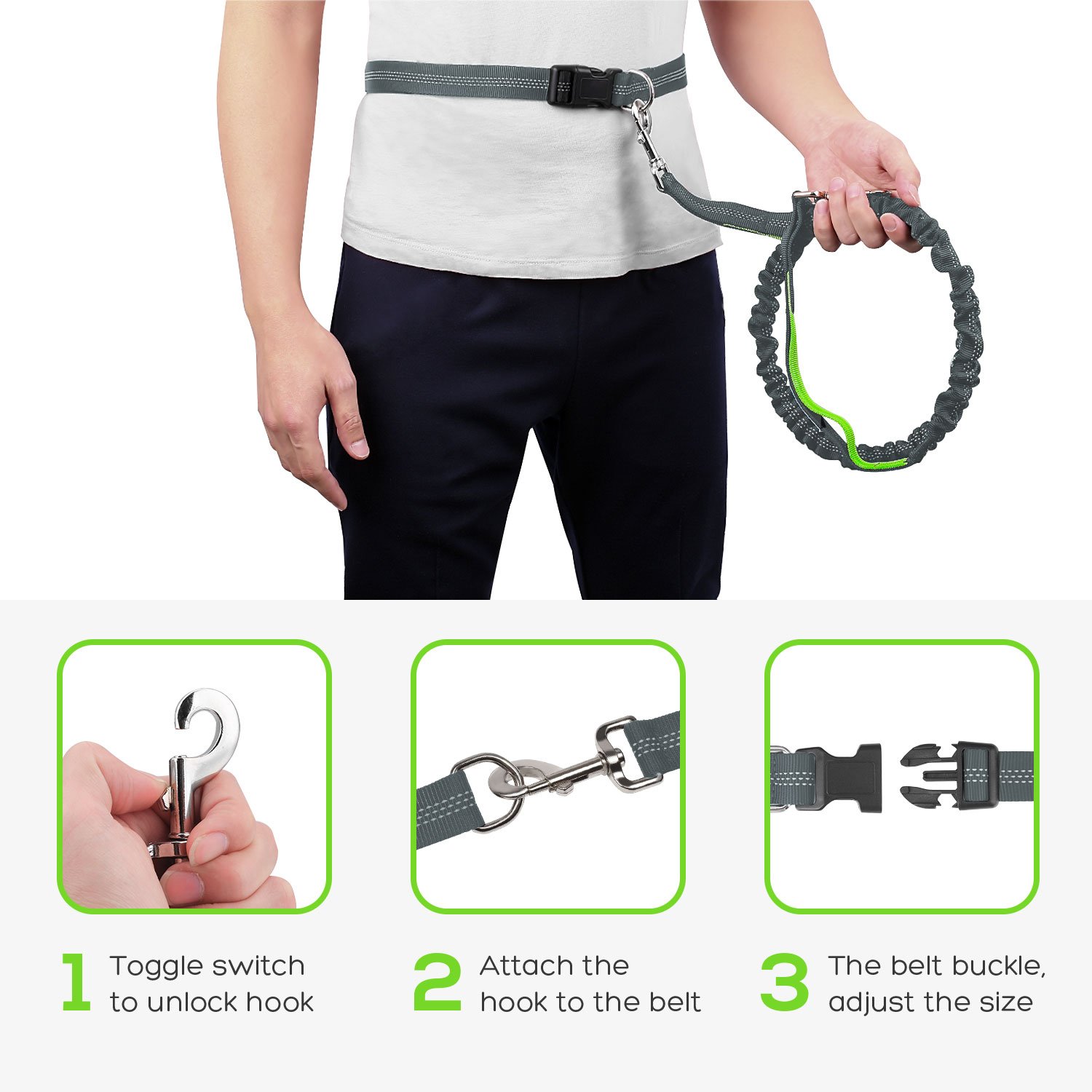 Pecute Hands Free Dog Leash with Extra Foam Handle - Extendable Bungee with Reflective Stitching - Waist Belt Adjustable Fits up to 48” Waist - For Jogging, Running, Hiking (Grey and Green)