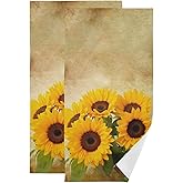 HUAZHIKOU Retro Sunflower Hand Towels for Bathroom Set of 2 Microfiber Quick Dry Vintage Yellow Blooming Floral Kitchen Dish Towels Farmhouse Decorative Bathroom Towel for Face Bath Shower 14"x28"