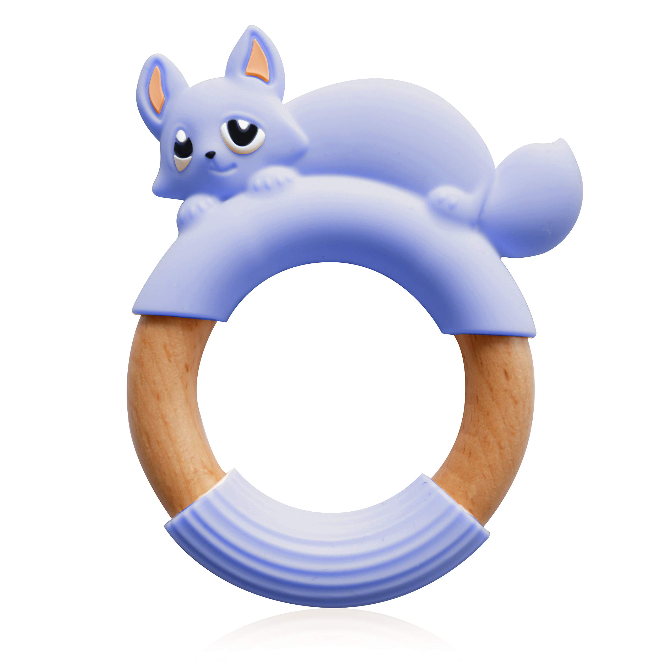 MilkMama Baby Teether Teething Toy Fox Ring, Natural Safe Beech Wood and BPA Free Wood Grade Silicone, Toddler Teething Relief Soother (Cornflower Blue)