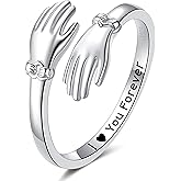 ZOEXUE S925 Sterling Silver Hug Rings for Women Adjustable Hugging Hands Ring with Gift Box & Card Hugs Thumb Band Jewelry Birthday Gifts for Granddaughter Daughter Mom Sister Friends