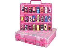 XUERDON Toy Car Storage Organizer Case Compatible with Hot Wheels/for Matchbox Cars. Display Carrying Container Holder for LOL Surprise Dolls/for Shopkins with 48 Compartments Double Sided-Pink (Box Only)