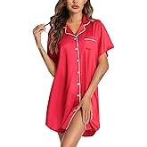 Senert Satin Nightgown for Women Button Down Sleep Shirt Short Sleeve Sleepwear Pajama Dress Boyfriend Nightshirt S-XXL