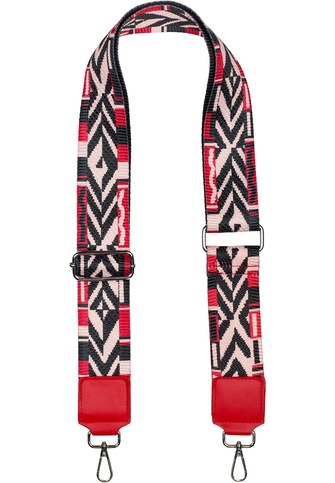 styleBREAKER Wide bag shoulder strap adjustable with colourful Aztec pattern, changeable bag strap, carabiner, 02013025, Colour:Black-Red-Pink