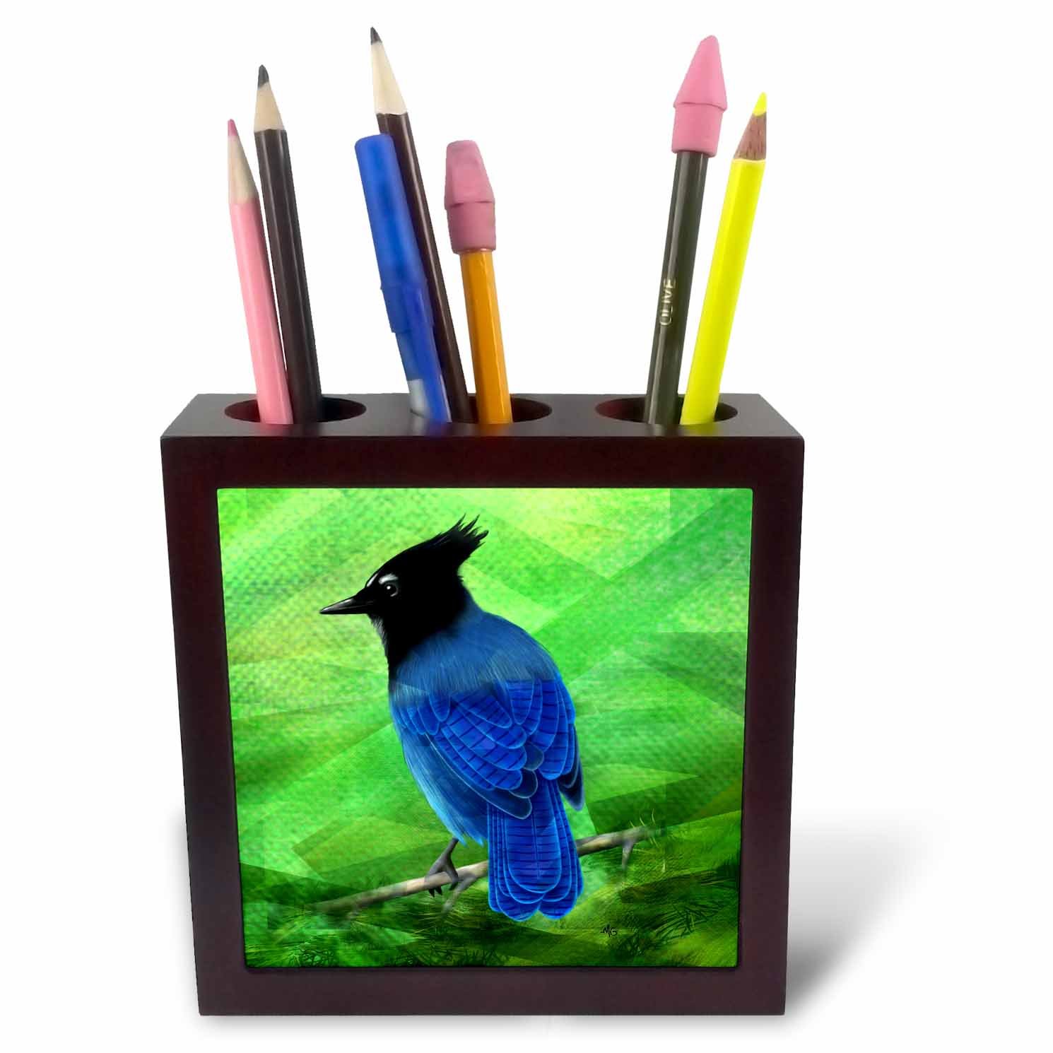 3dRose ph_243345_1 5-Inch A Stellars Jay Digital Painting Tile Pen Holder - Green