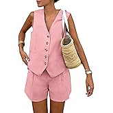 PRETTYGARDEN Women's Summer 2 Piece Outfits Sleeveless Matching Sets Button Down V Neck Vest Waistcoat and Pockets Shorts
