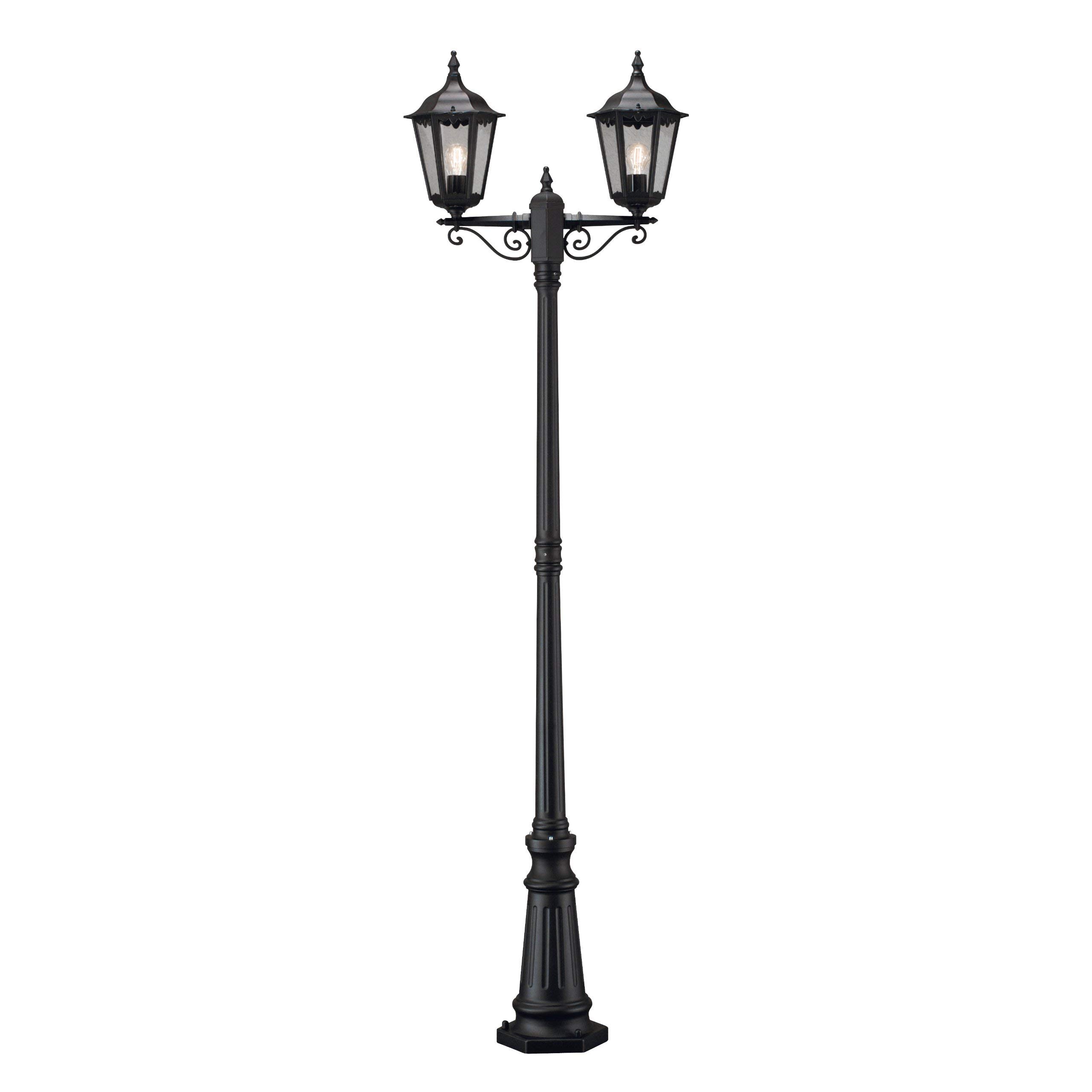 Konstsmide Firenze Double Head Column Outdoor Light / 2.2m High / 2 x 100 W E27 Max Lamp Post / Clear Glass / Aluminium / IP43 / Outside Light Matt Black