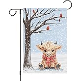 Louise Maelys Welcome Winter Garden Flag 12x18 Double Sided, Burlap Small Snow Highland Cow Calf Yard House for Outside Outdoor Decoration