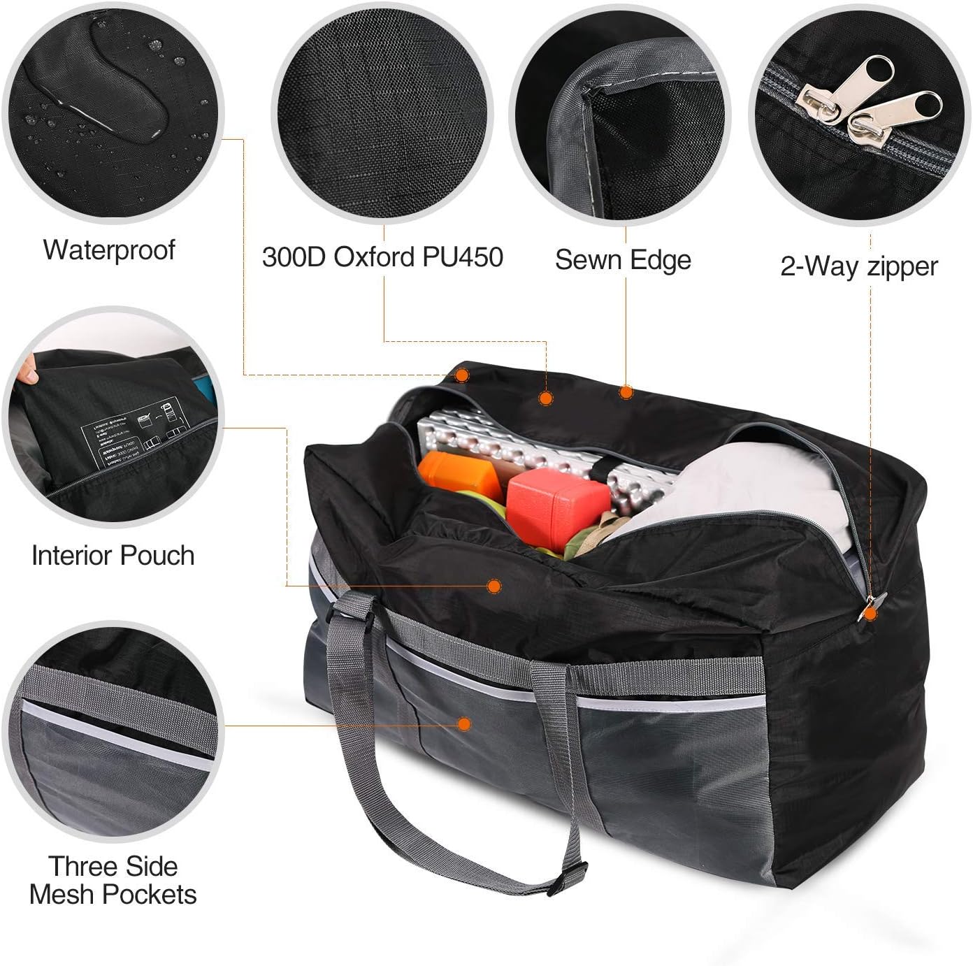 REDCAMP Foldable Travel Bag, 75L Large Sports Bag, Packable Duffle Bag, Lightweight Waterproof Duffel Holdall Bag for Men Women Black - Image 5