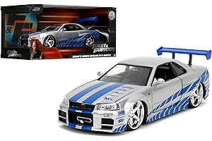 Jada Toys Fast & Furious Brian’s 2002 Nissan Skyline R34 Die-cast Car, 1:24 Scale, Silver & Blue,19808