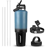 HYDROWION 40 oz Insulated Water Bottle, Car Water Bottle Holder - Double Wall Vacuum Insulated Travel Bottle with Straw Lid, Spout Lid and Flex Cap - Cold for 24H, Hot for 12H, Blue - Black