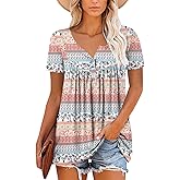 Mystry Zone Womens Henley V Neck Casual Blouse Button Down T Shirts Flare and Flowy Tops