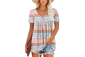 Mystry Zone Womens Henley V Neck Casual Blouse Button Down T Shirts Flare and Flowy Tops