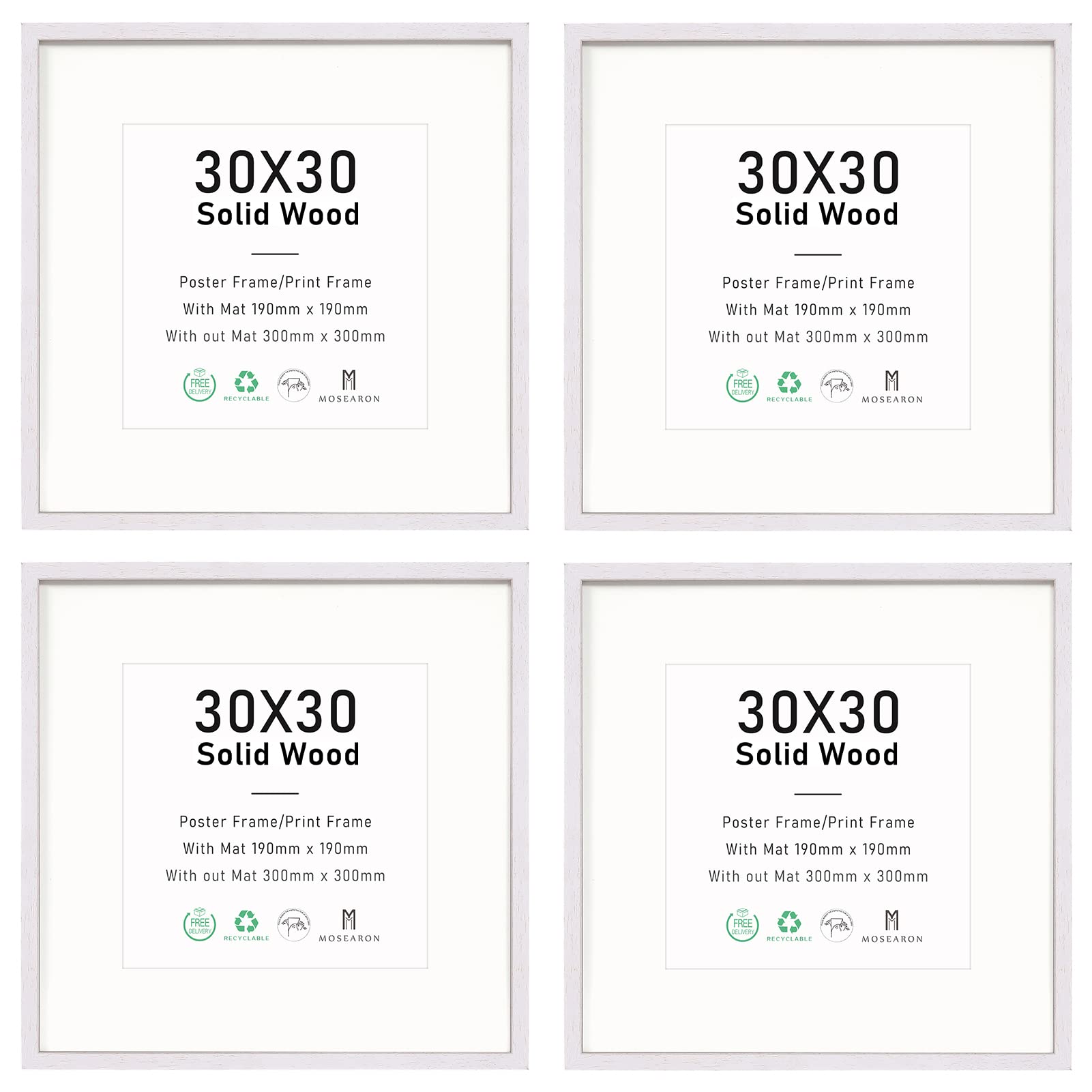 12x12 Certificate Picture Frame,White Wood Photo Frame with mount for 8x8 print,Poster Frame with plexiglass for Wall Mount Display,30x30 cm,Set of 4 — image 1