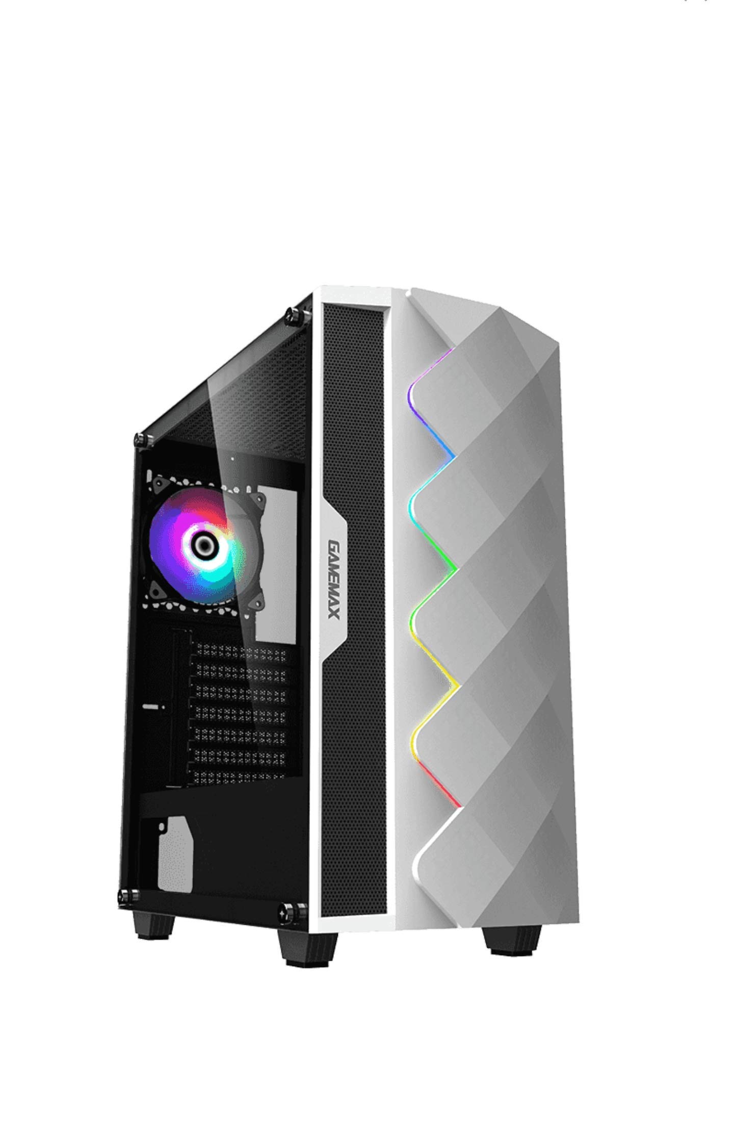 GameMax White Diamond ARGB Mid-Tower PC Gaming Case, ATX, 3 Pin AURA Connectors, Built In LED Strip, 1 x 120mm ARGB Fan Included, Water-Cooling Ready | White