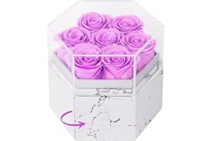 FLOWERSCAPE PREMIUM 7 Forever Flower Gift Box - Real Preserved Rose Bouquet - Valentines Mothers Day Birthday Anniversary Flowers for Women Mom Wife Girlfriend and Her (Hexagon-Purple)