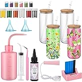 Skylety 4 Pack Snow Globe Tumbler Supplies Kit 16oz DIY Pre Drilled Double Wall Glass Cup 12 Colors Glitter Squeeze Bottle Funnel Tweezer Bent Syringe UV Resin Flashlight Cup Holder Scraper(Log Color)
