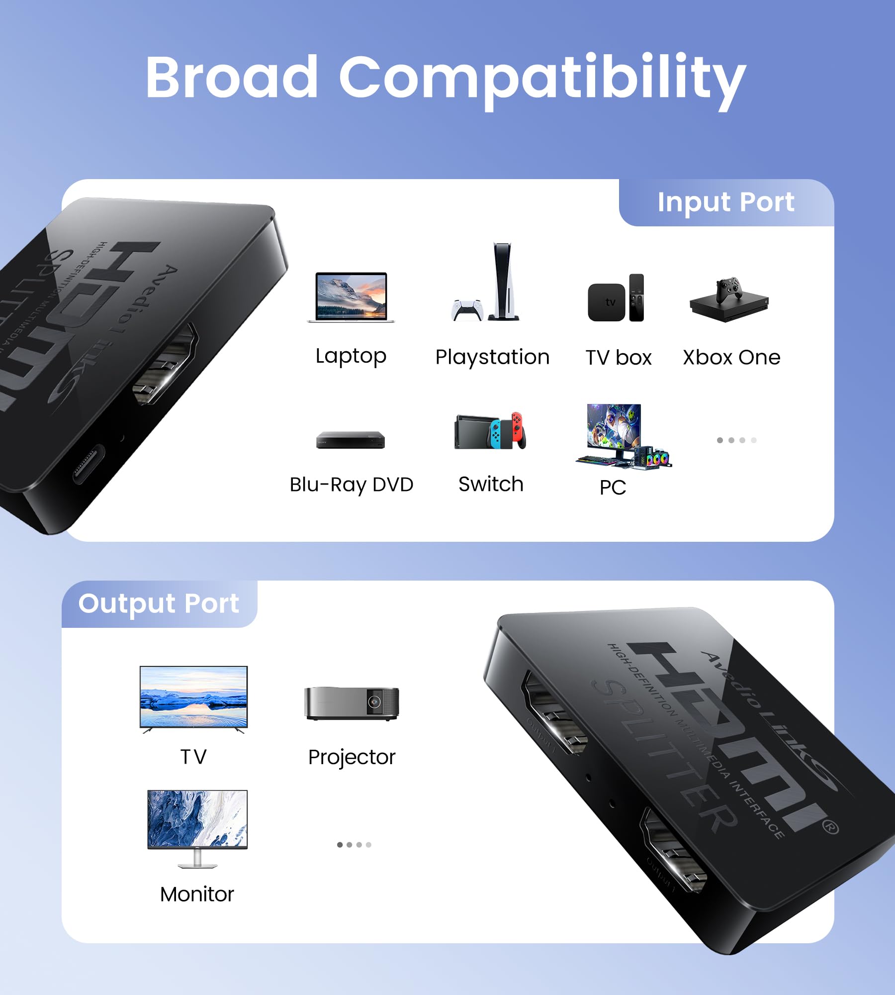 avedio links HDMI Splitter 1 in 2 Out [mit 3.9 Ft Hdmi Cable] Not for Extended Mode-Mirror Same Screen Only, 4K HDMI Splitter 2 Monitore Gleichzeitig, hdmi Verteiler 1 in 2 Out for 3D 1080P@60Hz 7