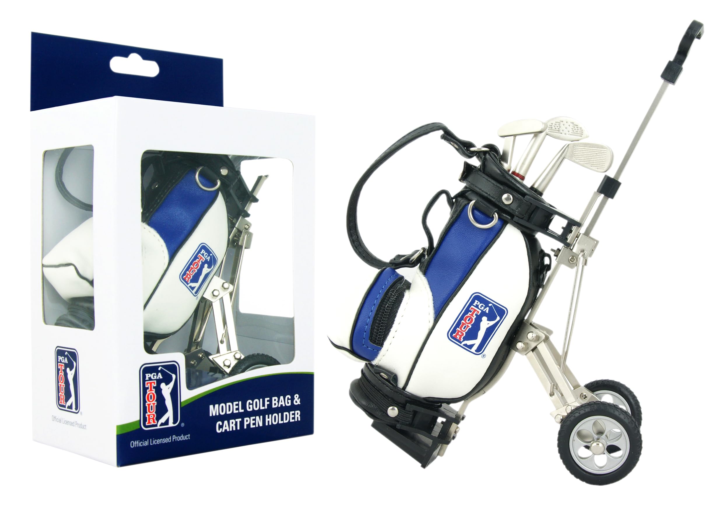 PGA TOUR Golf Gifts for Men - Desktop Golf Bag Shaped Pen Holder with Multicoloured Pen Set - Includes 3 Golf Club Shaped Pens: Blue, Red, Black - Ideal Golf Gifts for Office