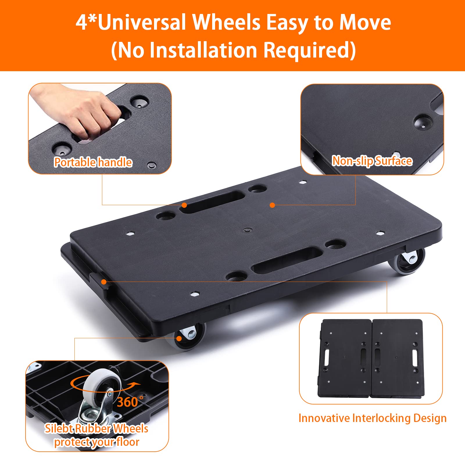 Furniture Dolly,Moving Dolly 4 Wheels Heavy Duty,16in-11in 500lbs Capacity,Furniture Movers Dollys with Wheels,Small Flat Cart with 2 Ropes, 2 Pack, Black (Black)