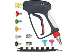 JWGJW Short Pressure Washer Gun with Swivel - High Pressure Water Handle with Nozzle Seat and 7 Nozzle Tips and 3/8" M22-14mm M22-15mm 3pcs Male Plug and 1/4” Quick Connector Coupler.