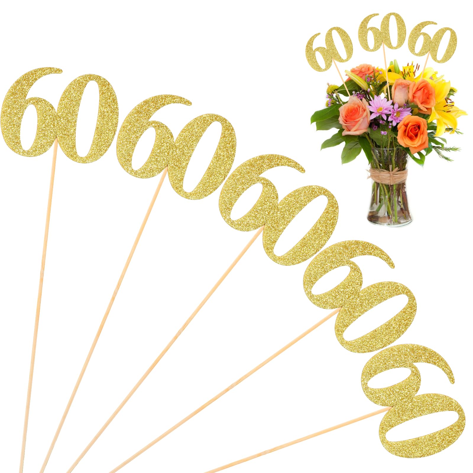 Photo 1 of 10 Pack Double Sided Glitter 60th Birthday Centerpiece Happy 60th Birthday Centerpiece Sticks Number 60 Table Topper Cake Topper Supplies for Tables Party (Gold)