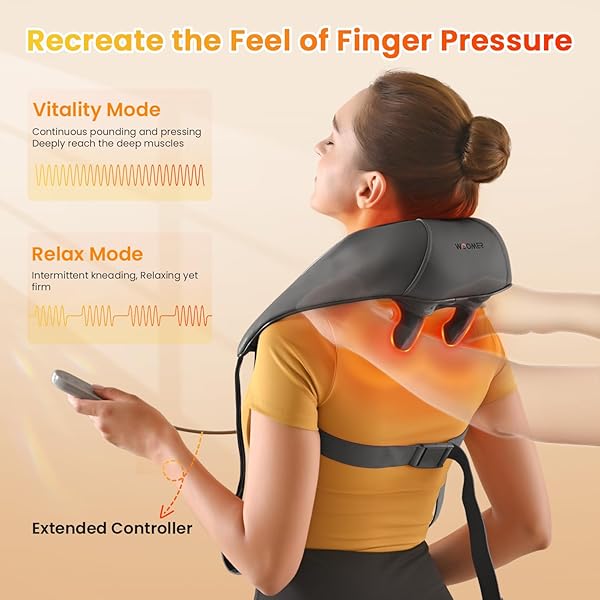 WOOMER NECK MASSAGER WITH HEAT FOR PAIN RELIEF DEEP TISSUE—VITALITY & RELAX MODES, 2 INTENSITY&HEATING LEVELS, FOR NECK, BACK, SHOULDER, LEGS, WEARABLE BACKPACK DESIGN, GIFT BOX