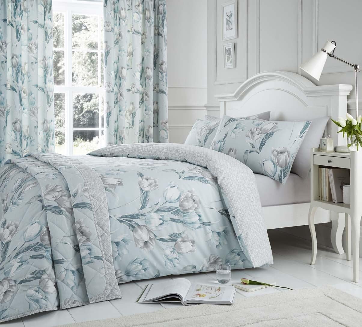 FLORAL TULIP FLOWERS GEOMETRIC DUCK EGG USA TWIN (COMFORTER COVER 135 X 200 - UK SINGLE) (PLAIN SILVER GREY FITTED SHEET - 91 X 191CM + 25 - UK SINGLE) 3 PIECE BEDDING SET