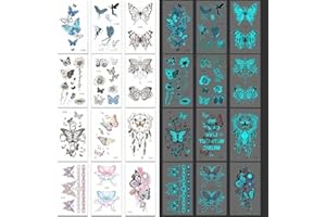 12 Sheets Glow in The Dark Tattoo Stickers, Blue Luminous Butterfly & Flower Patterns for Arm, Shoulder, Ankle, Nightclub, Mu