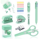 Green Mini Office Supply Kit Mini School Supplies Desk Accessory Set Includes Mini Stapler Pencil Sharpener Staple Remover Hole Punch Ballpoint Pen Scissor Box Cutter Paper Clips Sticky Index Tabs