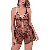 TrueVip Sexy Sheer Lingerie Sets for Women Front Closure V Neck Babydoll Nightwear Chemise Nightie Sleepwear with Thong