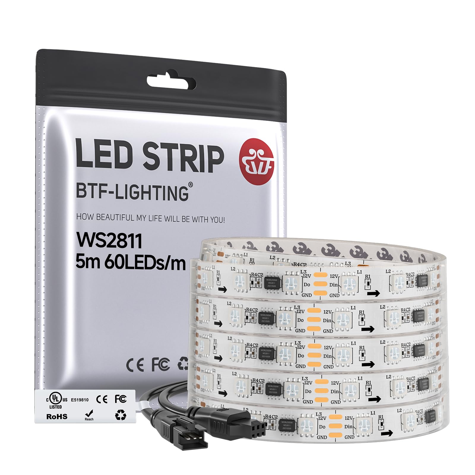 BTF-LIGHTING WS2811 IC=RGB IC Addressable Dream Color LED Strip 16.4FT 60LEDs/m 20Pixels/m 300LEDs 100pixels IP67 Waterproof White PCB Flexible DC12V Chasing Effect for Bedroom Desk Home Decoration