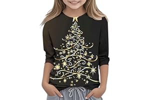 Girls Christmas Shirts 3 4 Sleeve Shining Star Tree Xmas Print Holiday Graphic Tops Crewneck Casual Pullover Tee