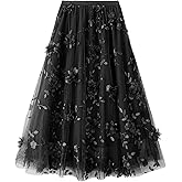 Women's A Line Tulle Midi Skirt Tiered Petticoat Skirts Tea-Length Elastic Waist Tutu Skirts Size for XXS-M