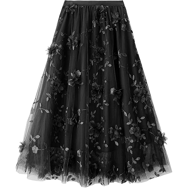 Women's Tulle Skirts 3D Floral Embroidery Lace Layered