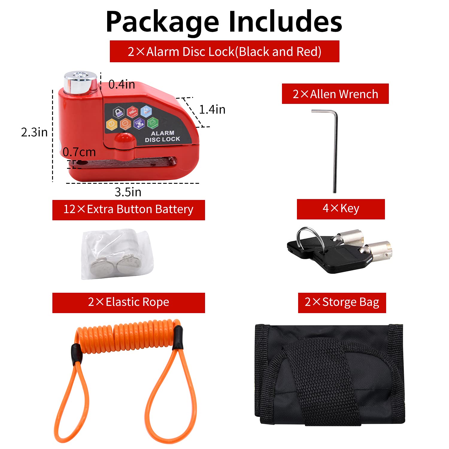 Alarm Disc Lock Set, 2pcs Brake Lock, Anti-Theft Waterproof 110 dB 7mm Pin 5ft Reminder Cable for Motorcycles Bike Scooter Carry Pouch