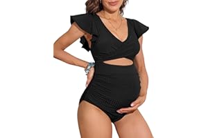 Charmo Maternity Swimsuit Ribbed One Piece Ruffle Sleeve Bathing Suit Ruched Cut-Out Tie Knot Pregnancy Swimwear