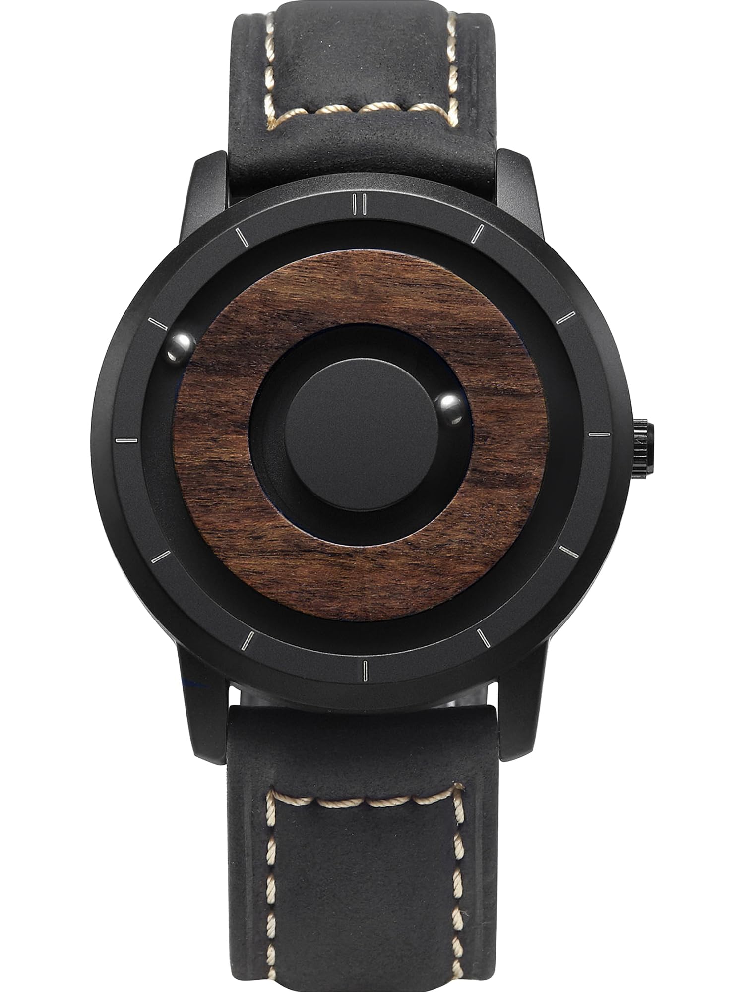 EUTOUR Mens Watches Men Wooden Watches Magnetic Watch Analogue Mens Swiss Quartz Watch Natural Wood Case Stainless Leather Strap Black