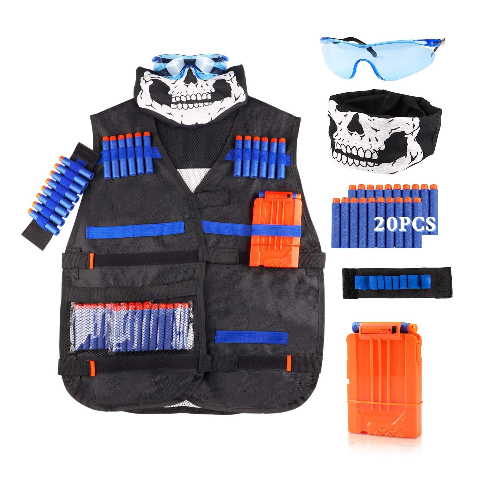 LUUFAN Tactical Vest Kit for NERF Guns with Reload Clips, Refill Darts, Wrist Band, Tactical Mask Protective Glasses for Birthday Party Thanksgiving Gift