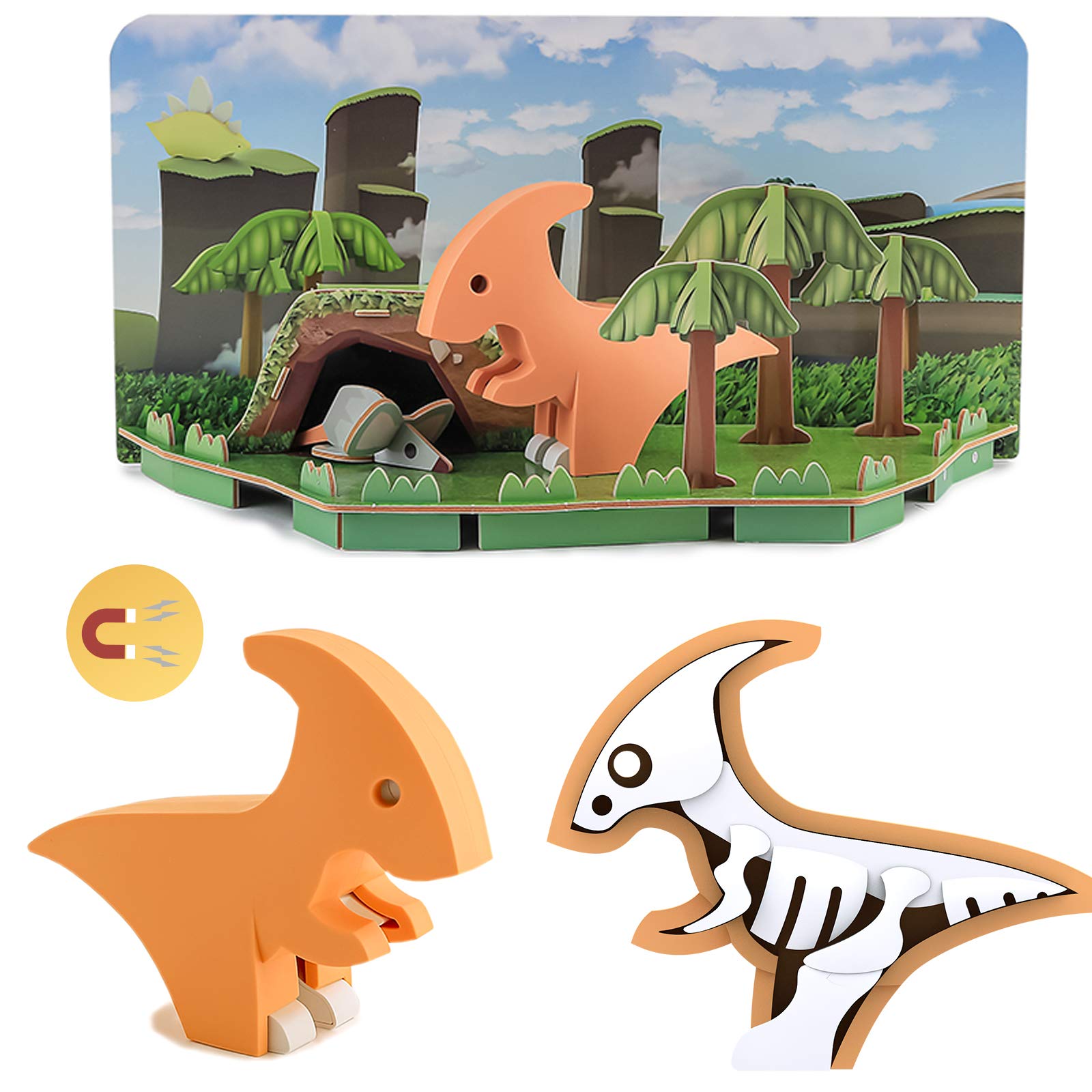 HALFTOYS Dinosaur Toys 3-D Puzzle with Magnets and Paper Dioramas, PARA Dinosaur Jigsaw Building Blocks Take Apart Toy for Children 3 Years Olds