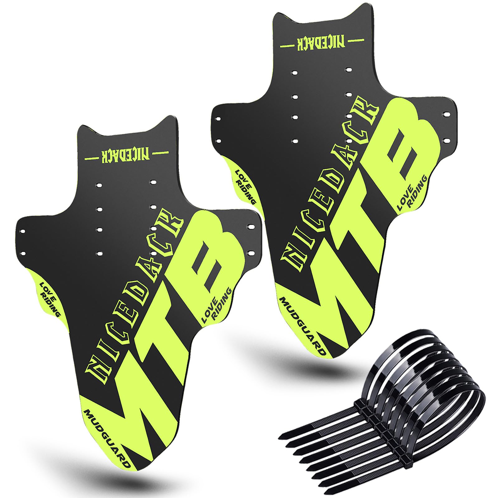 NICEDACK Mudguards Mountain Bike, 2 Pieces Mudguard Fit 20-29 Inch MTB Mudguard Front and Rear Compatible Bicycle Splash Guard (Yellow-Green)