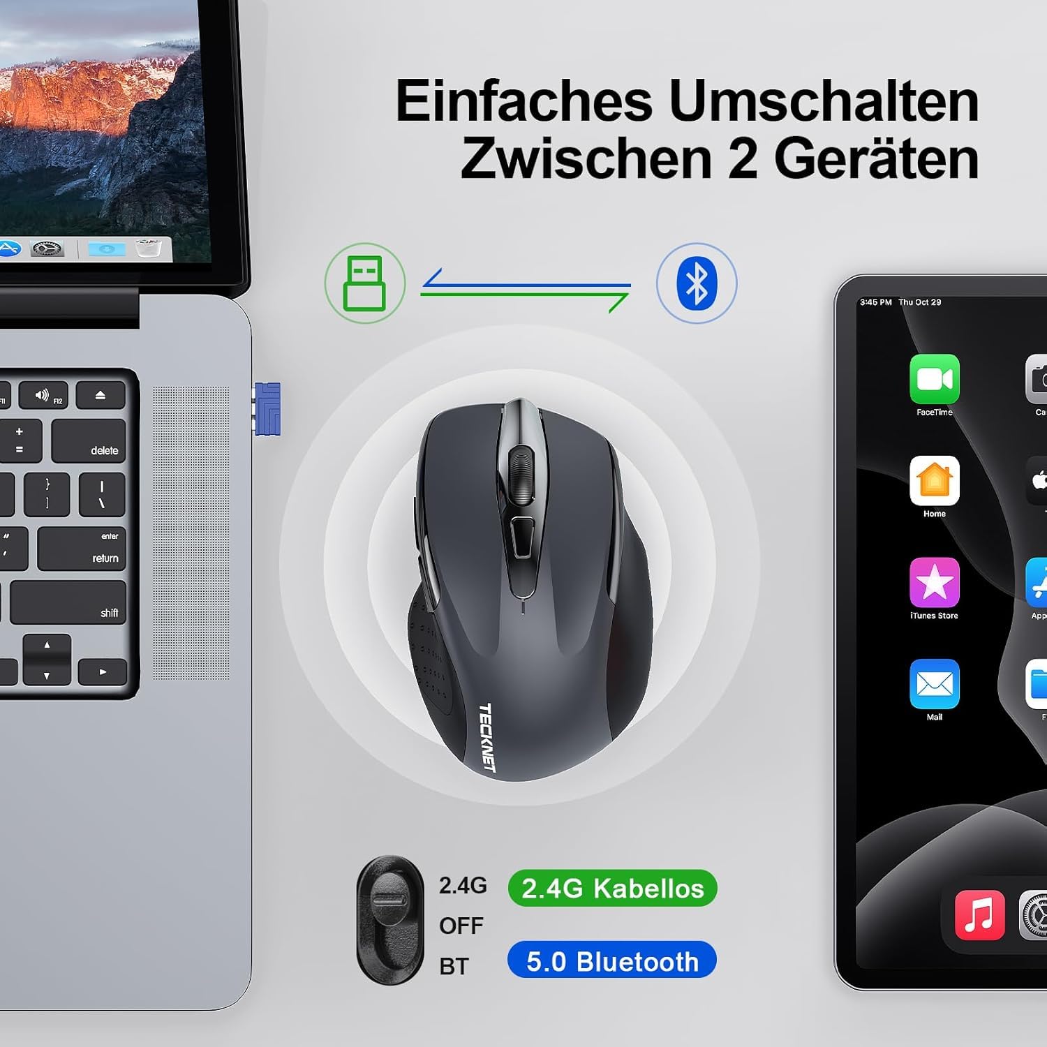 TECKNET Bluetooth Maus, Wiederaufladbare Maus Kabellos(DREI Modi: BT 5.0/3.0 + 2.4G), 4800 DPI, Ergonomische Leise Funkmaus für Laptops, Mac OS, Android, Windows, Grau 3