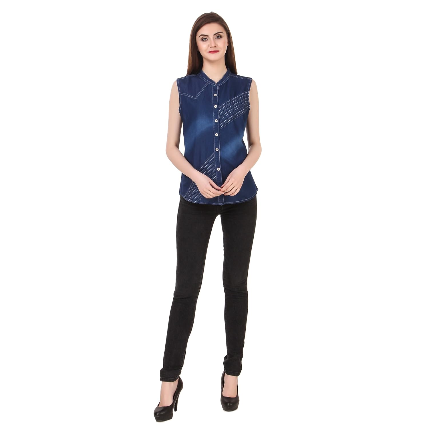 clo clu blue mandarin collar embroidered washed denim casual shirt