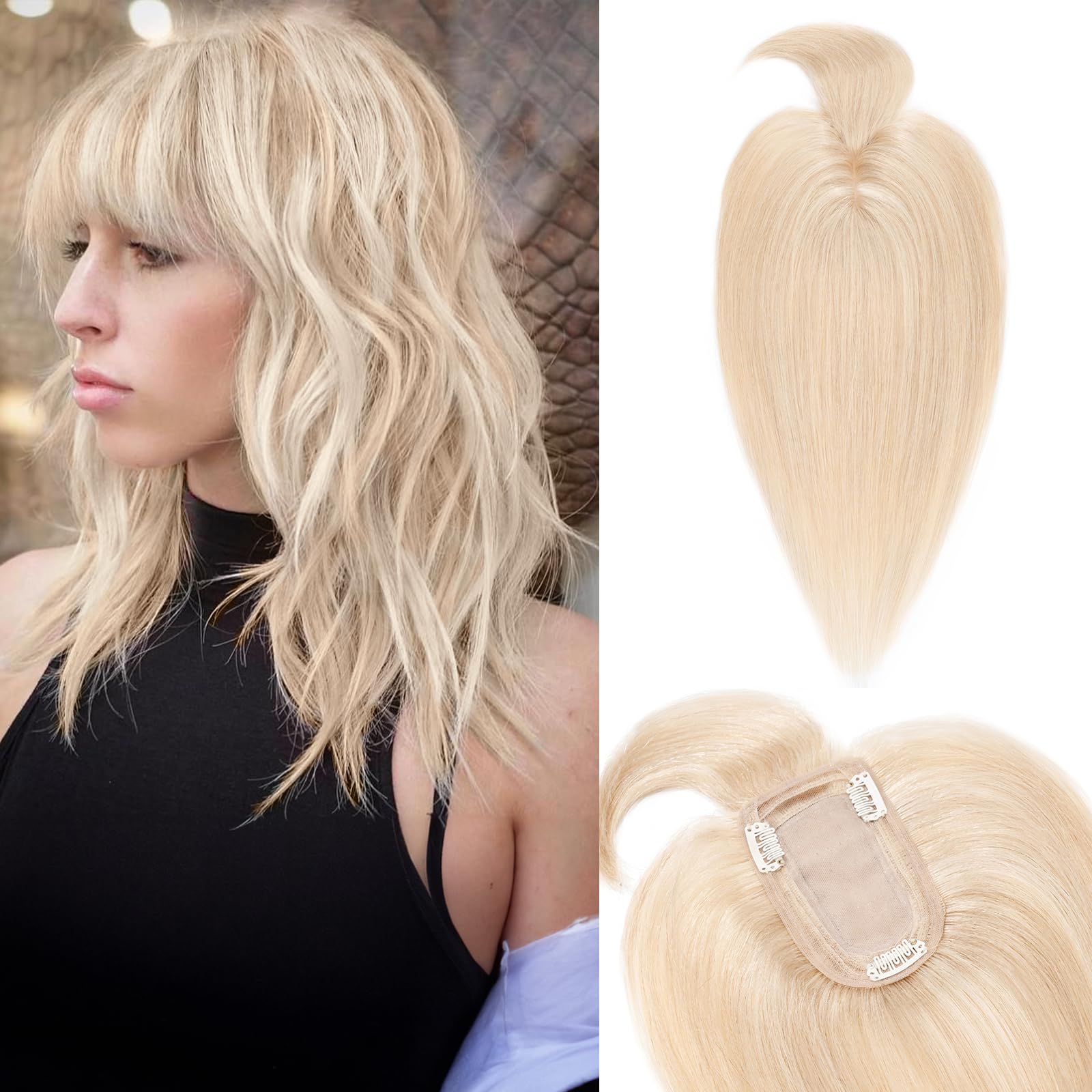 Benehair Human Hair Toppers with Bangs, 6 Inches Real Human Hair Topper with Fringe, 150% Density Hairs Topper for Thinning, 36g Hairs Toppers for Thinning Hair Women, Golden Brown mix Bleach Blonde