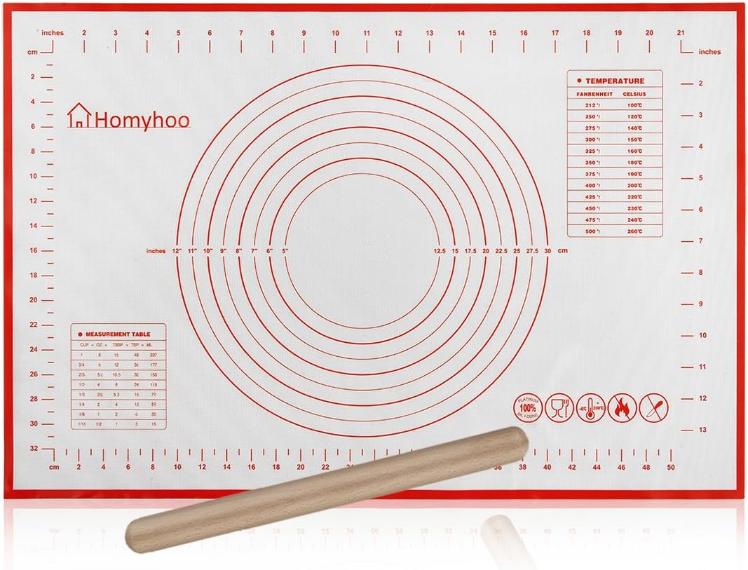 Silicon Pastry Mat 40 * 60cm + A Wood Rolling Pin Non-Stick Non-Slip Reusable Pastry Mat with Measurements for Dough, Bread, Pizza, Scone, Shortbread, Pie, Biscuit, Macaroon, LFGB Approved Homyhoo