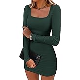 ANRABESS Womens Long Sleeve Bodycon Mini Dress 2026 Fall Ruched Square Neck Slim Fit Rib Knit Club Short Cocktail Dresses