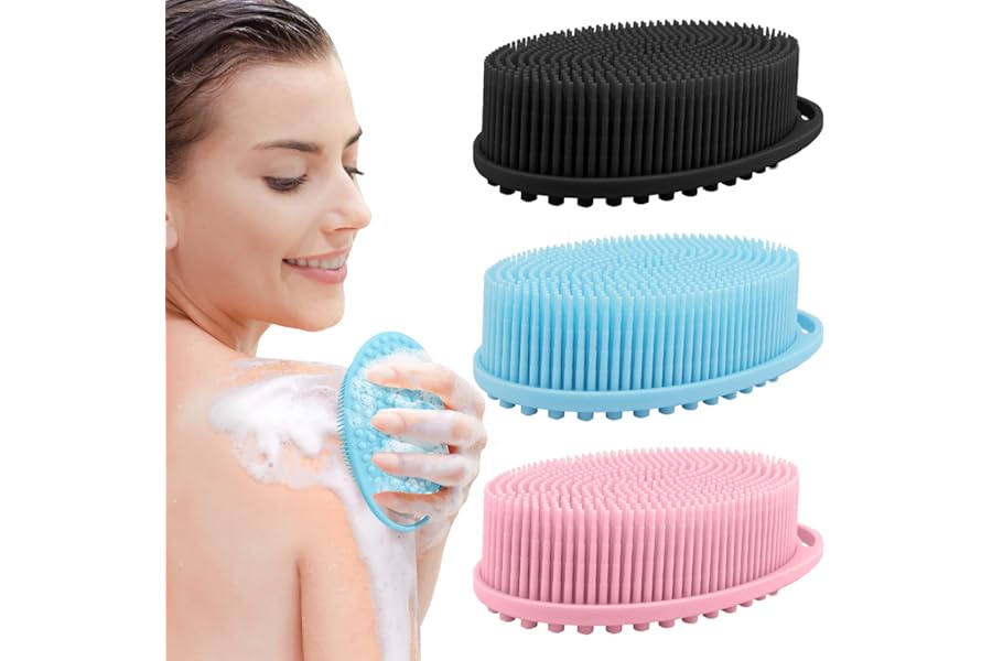 PQRUU 3 Pack Silicone Body Scrubber, Exfoliating Soft Loofah, Scrubber Fit for Sensitive and All Kinds of Skin, Clean Sanitary, Rapid Foaming Black+blue+pink